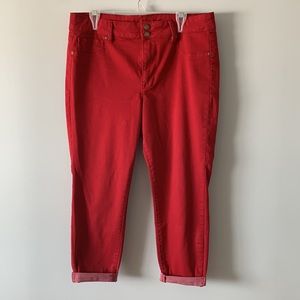Maurices Size 16 x-short crop/ankle jeans. Color-red. Super soft and stretch fit